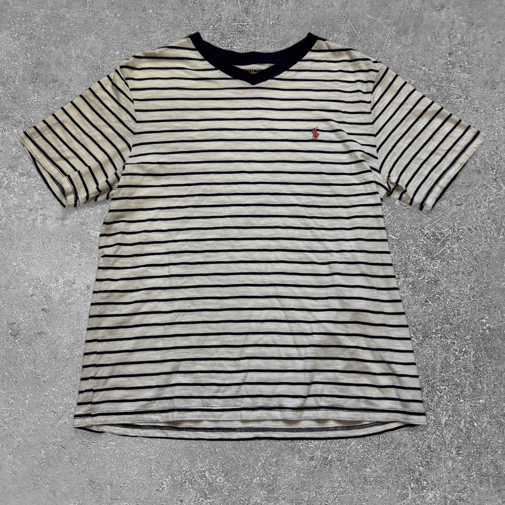 Polo Ralph Lauren Women White Navy Striped V-Neck Cotton T-Shirt Size L